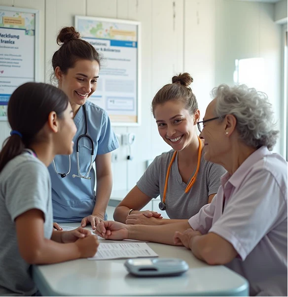 Elderly person talking to nurses